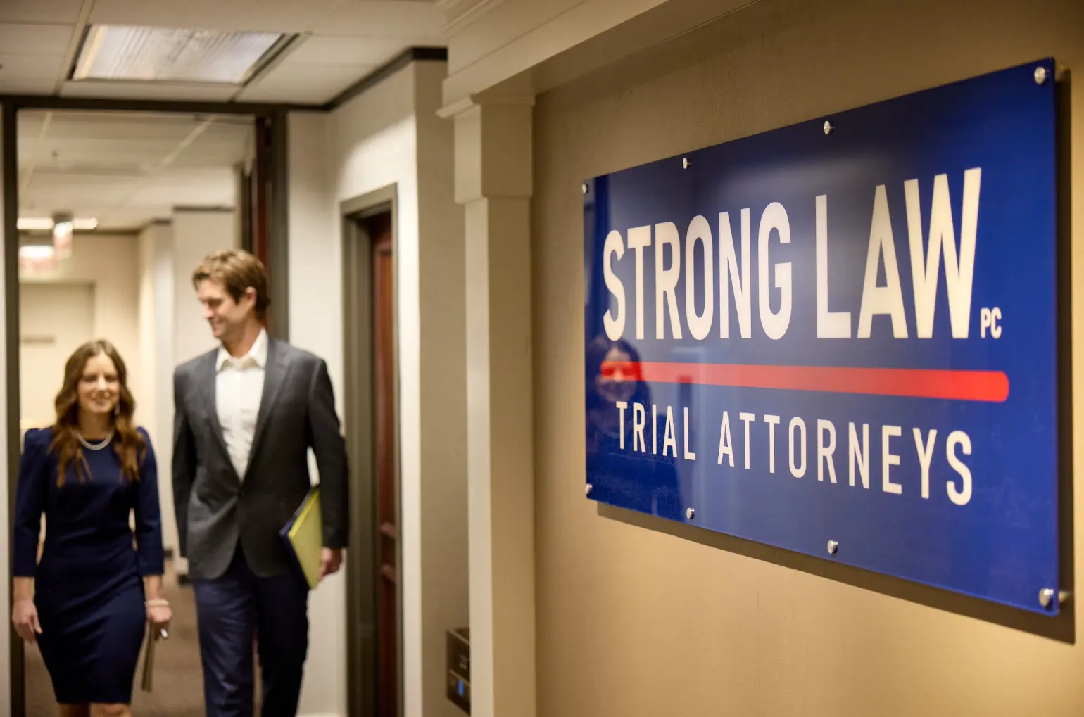 A man and a woman, both attorneys, walk by a 'STRONG LAW - TRIAL ATTORNEYS' sign in an office corridor, engaged in a discussion.