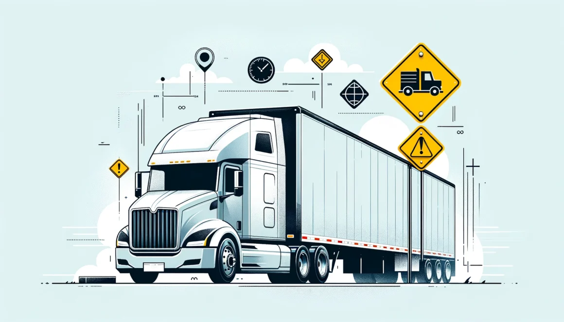 Stylized illustration of a semi-truck on the road with logistics and transportation icons and symbols floating above, including a clock, diamond, location pin, and road signs.