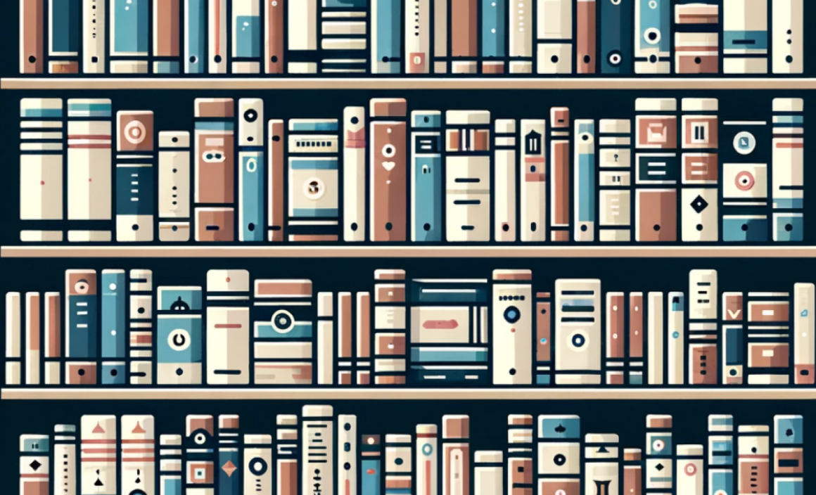 Illustration of a bookshelf filled with various law books and legal texts in a stylized design.