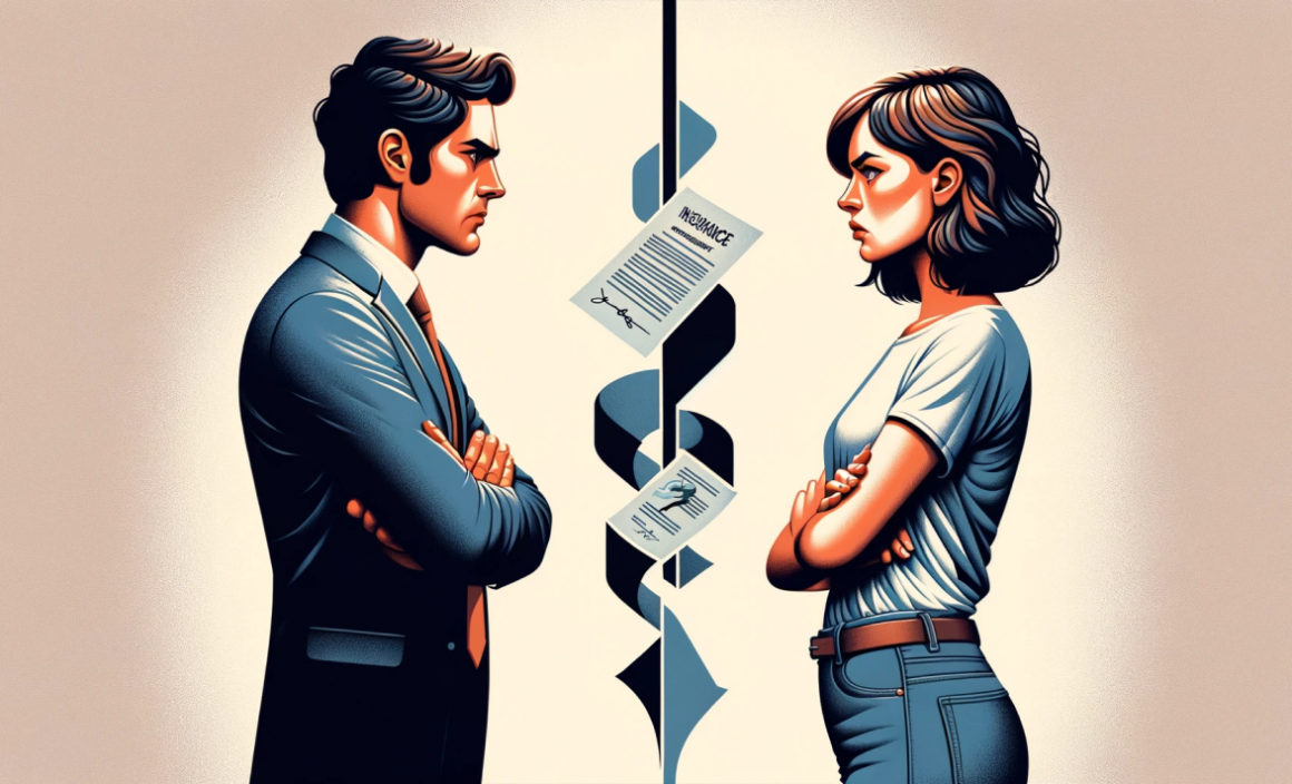 Illustration of a lawyer and a woman standing chest-to-chest with crossed arms, divided by a torn contract, symbolizing conflict or disagreement.