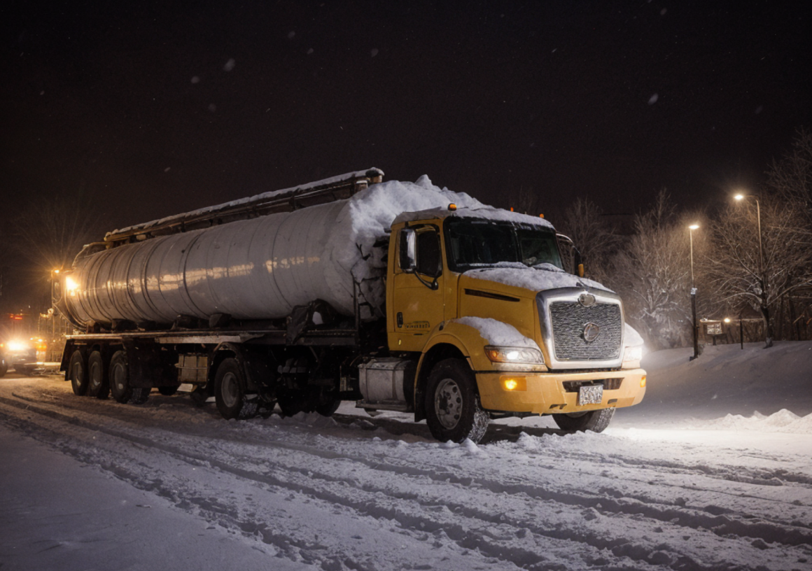 Image of a tanker truck with snow on the road