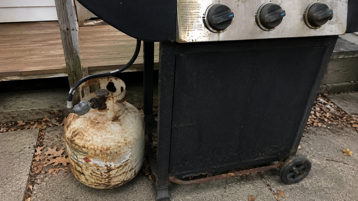 old propane tank next to grill