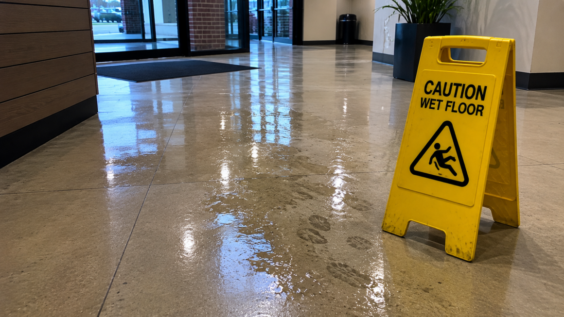 caution wet floor sign on a wet floor