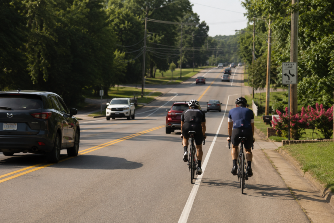 two bicycles riding down a busy road