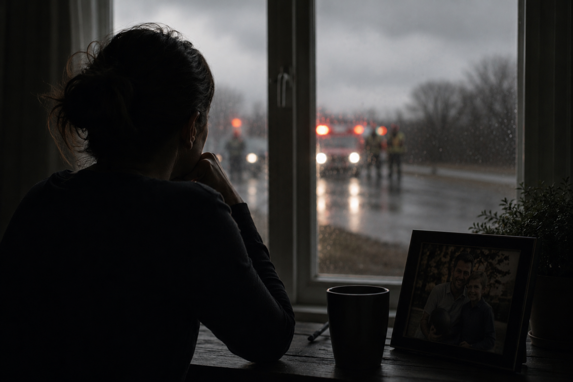 mourning woman peering out of a window on a rainy day