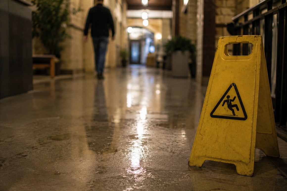 slippery when wet sign on a wet floor