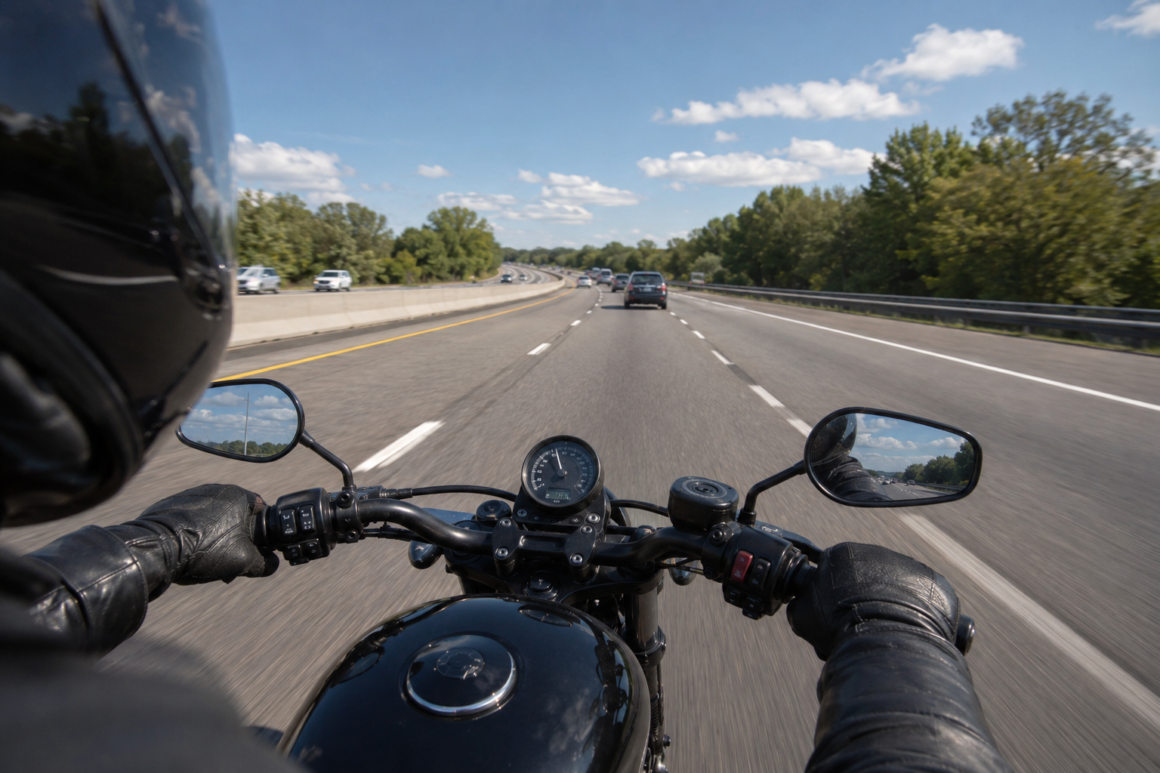 first person view of a motorcycle riding down the highway