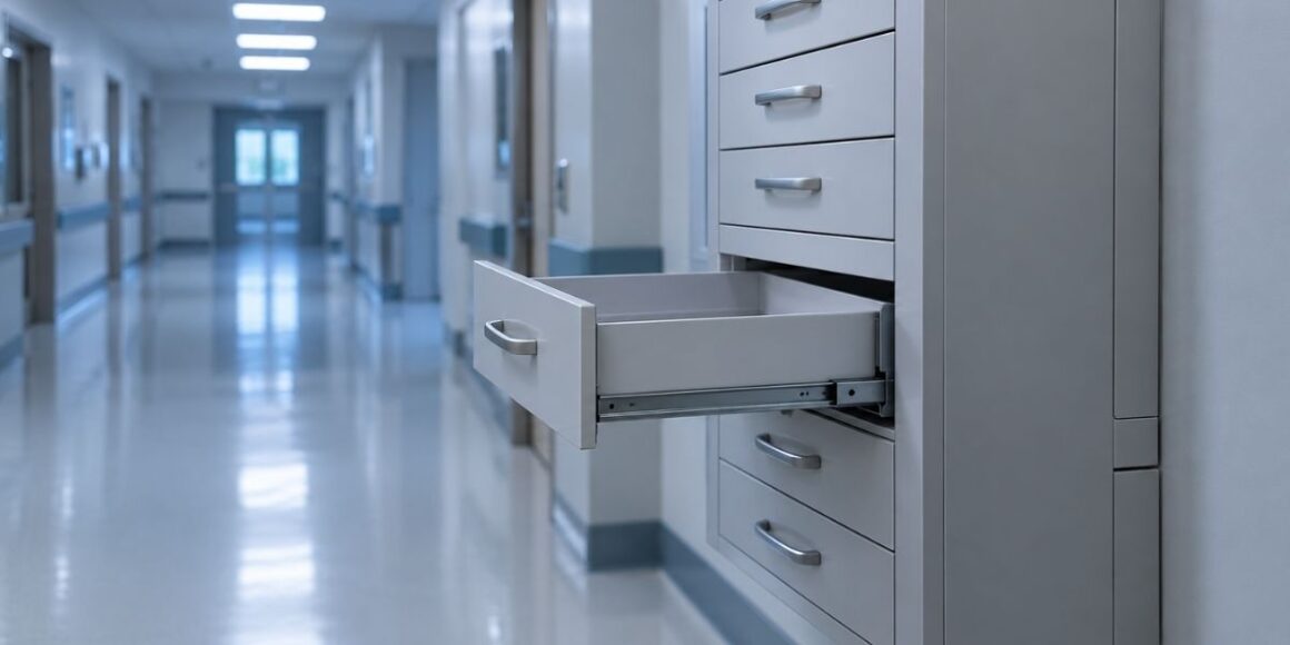 A wall-mounted medication dispensing cabinet in a hospital hallway, one drawer open