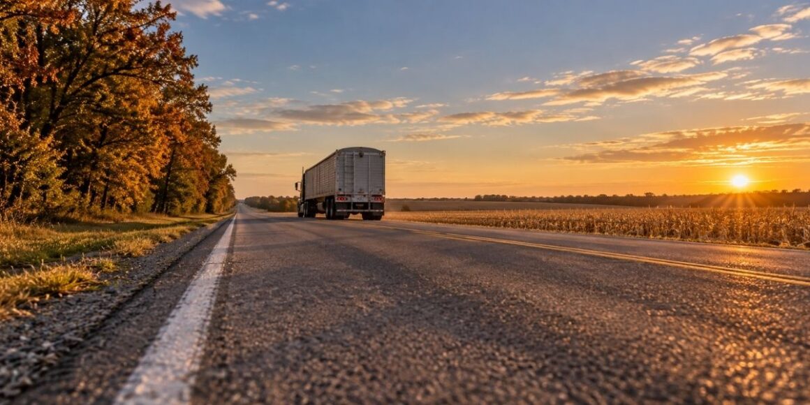 Semi-truck hauling grain on a rural Missouri road beside a cornfield at sunset