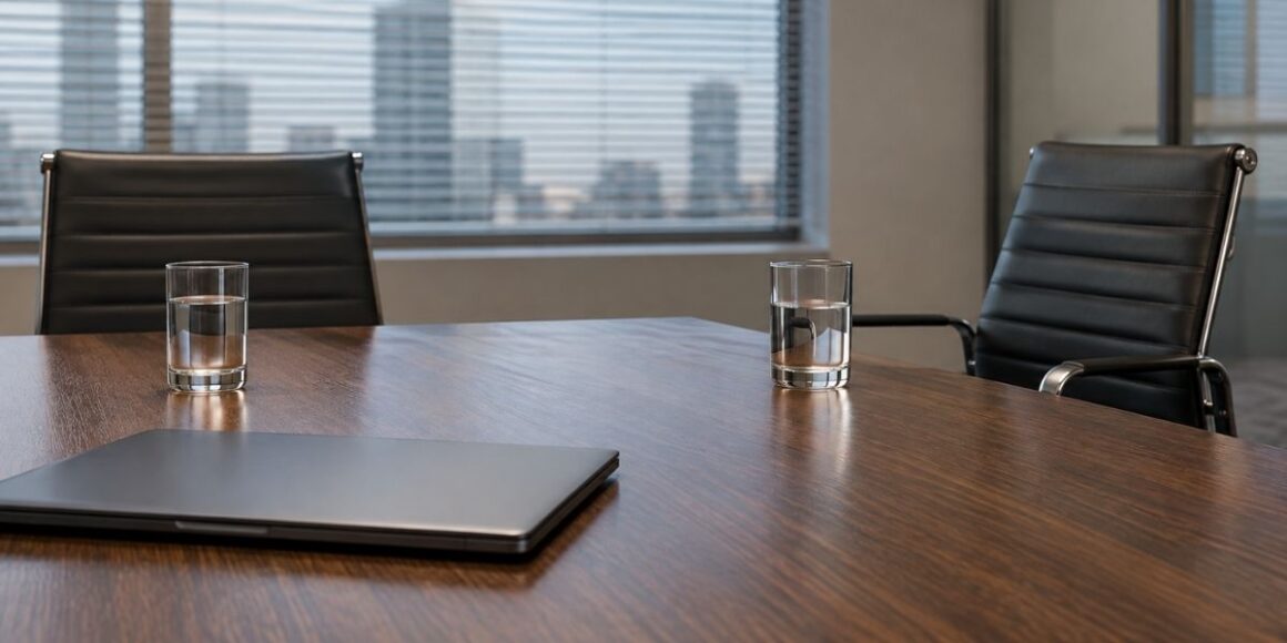 Law firm conference room with a closed laptop and two water glasses on the table